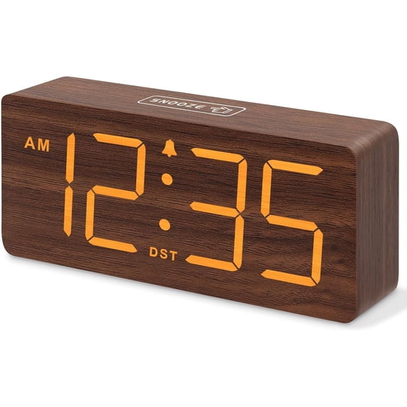 Wooden Digital Alarm Clock for Bedroom - Desk Clock with Large Numbers for Living Room Office, Loud Alarm for Heavy Sleepers Adults, Volume Control, Dimmer, DST, Wood Decor (Plug in Clock)