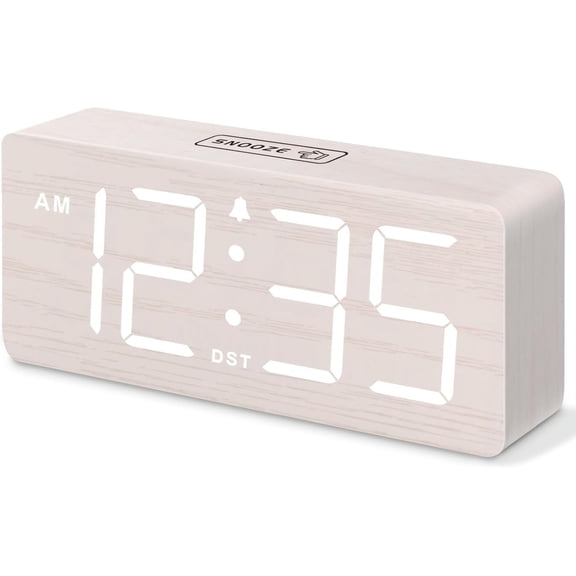 DreamSky Wooden Digital Alarm Clock for Bedroom - Desk Living Room with Large Numbers, Dimmer, Loud Heavy Sleepers Volume Control, DST, Office Wood Decor (Plug in Clock)