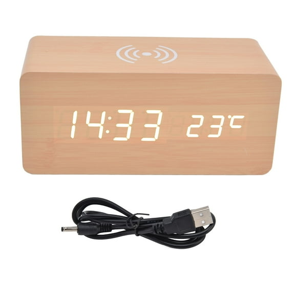 Wooden Digital Alarm Clock,Digital Alarm Clock Wireless Charging Automatic Temperature Detection Safe Stable LED Electronic Clock,Weekday/Weekend Mode Voice Control Timer Thermometer khaki