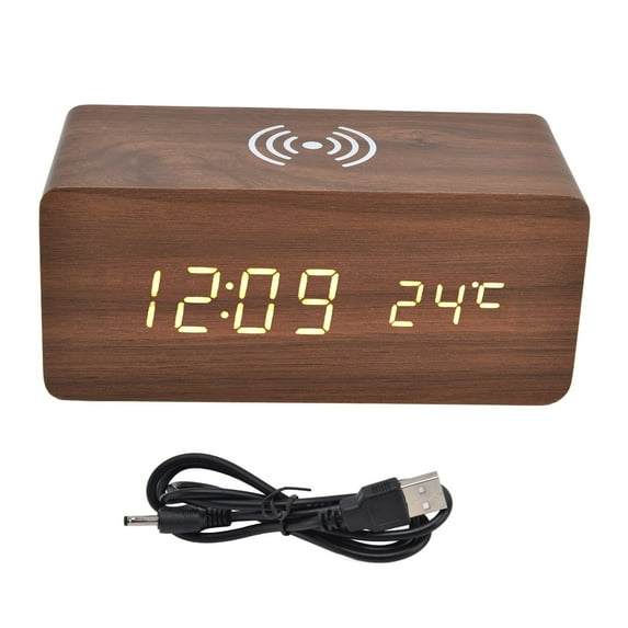 Wooden Digital Alarm Clock,Digital Alarm Clock Wireless Charging Automatic Temperature Detection Safe Stable LED Electronic Clock,Weekday/Weekend Mode Voice Control, Timer Thermometer brown