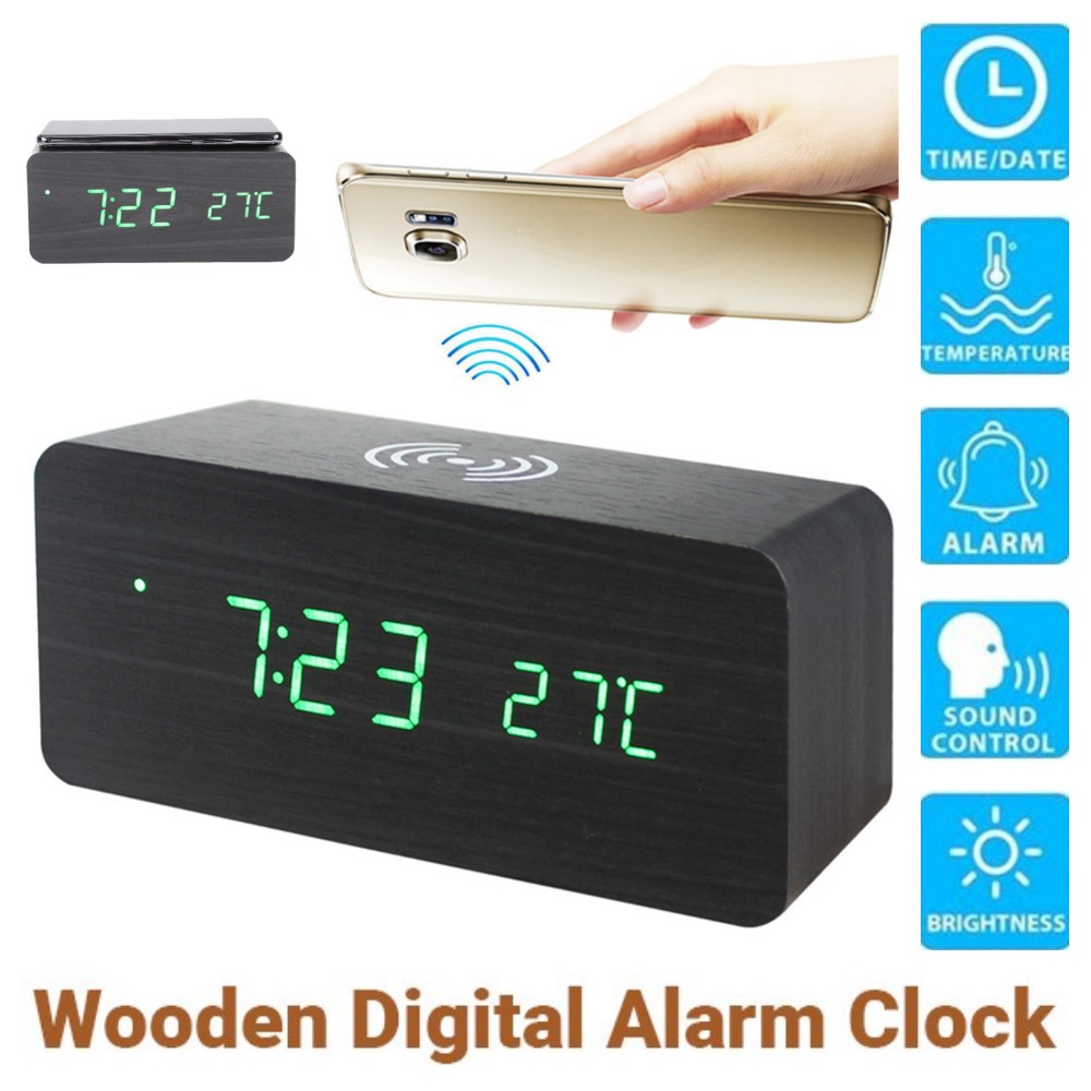 Wooden Digital Alarm Clock with Qi Wireless Charging, Wood Digital LED