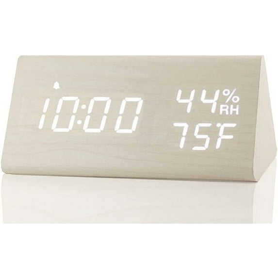 Wooden Digital Alarm Clock Triangle Electronic LED Time Display with Humidity & Temperature 3 Alarm Setting Adjustable Brightness Wood Made Voice Control Desk Clock for Bedroom Bedside Gift for Frien