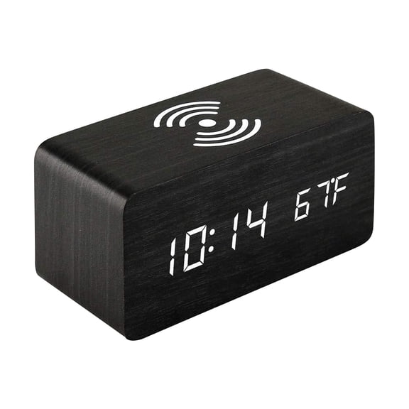 Wooden Digital Alarm Clock with Wireless Charger, LED Display Bedside Clock, USB Charging Station for Phone, Modern Desk Clock, Nightstand Clock with Qi Charging Pad