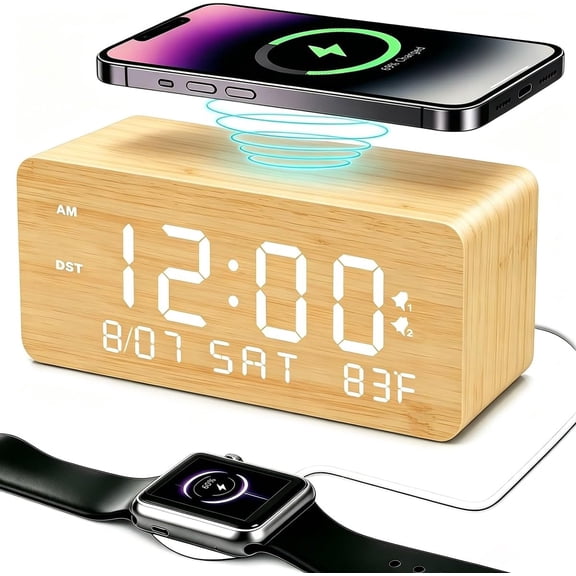 Wooden Digital Alarm Clock with Wireless Charging, 0-100% Adjustable Brightness Dimmer and Alarm Volume, Weekday/Weekend Mode, Dual Alarm, Snooze, 12/24H, Wood LED Clock for Bedroom (Bamboo)