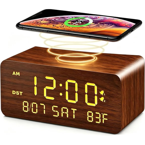 Wooden Digital Alarm Clock with Wireless Charging, 0-100% Adjustable Brightness Dimmer and Alarm Volume, Weekday/Weekend Mode, Dual Alarm, Snooze, 12/24H, Wood LED Clock for Bedroom (Brown)