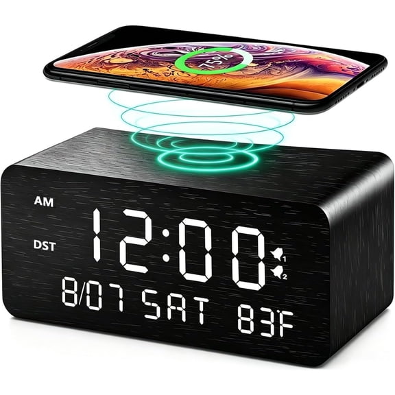 Wooden Digital Alarm Clock with Wireless Charging, 0-100% Adjustable Brightness Dimmer and Alarm Volume, Weekday/Weekend Mode, Dual Alarm, Snooze, 12/24H, Wood LED Clock for Bedroom (Black)