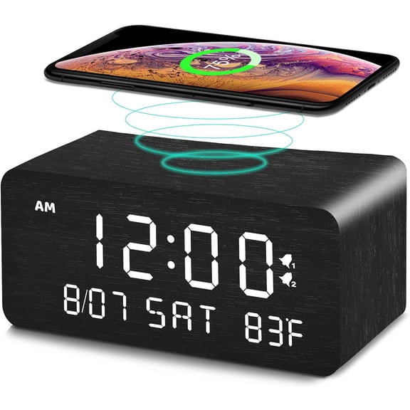 Wooden Digital Alarm Clock with Wireless Charging, 0-100% Adjustable Brightness Dimmer and Alarm Volume, Weekday/Weekend Mode, Dual Alarm, Snooze, 12/24H, Wood LED Clock for Bedroom (Black)