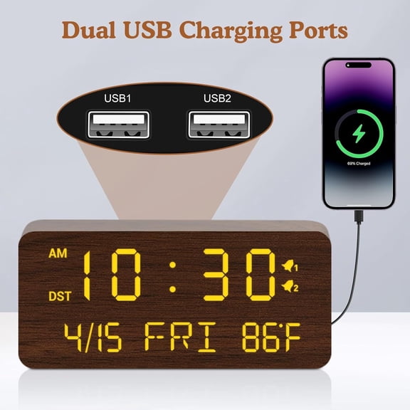 Wooden Digital Alarm Clock with Wireless Charging, 0-100% Adjustable Brightness Dimmer and Alarm Volume, Weekday/Weekend Mode, Dual Alarm, Snooze, 12/24H, Wood LED Clock for Bedroom (Brown)