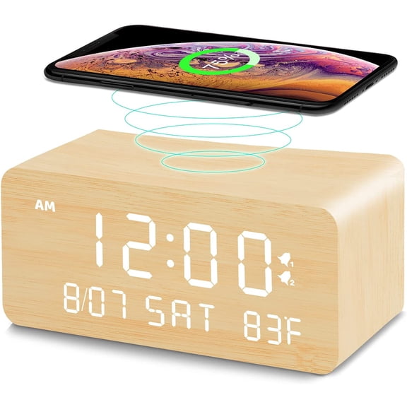Wooden Digital Alarm Clock with Wireless Charging, 0-100% Adjustable Brightness Dimmer and Alarm Volume, Weekday/Weekend Mode, Dual Alarm, Snooze, 12/24H, Wood LED Clock for Bedroom (Bamboo)