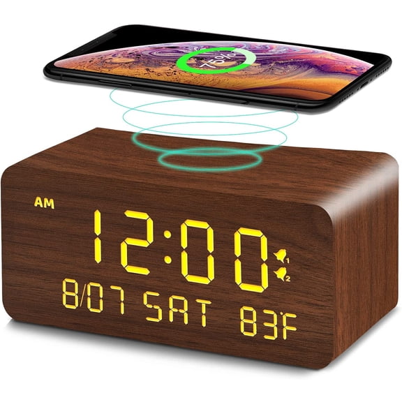 Wooden Digital Alarm Clock with Wireless Charging, 0-100% Adjustable Brightness Dimmer and Volume, Weekday/Weekend Mode, Dual Alarm, Snooze, 12/24H, Wood LED for Bedroom (Brown)