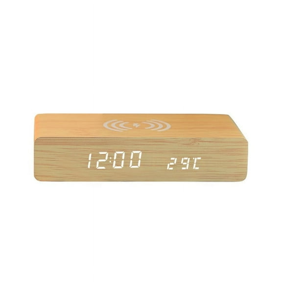 Wooden Digital Alarm Clock with Wireless Charging,Adjustable Brightness Dimmer and Alarm Volume, Weekday/Weekend Mode, Dual Alarm, Snooze, Wood LED Clock for Bedroom