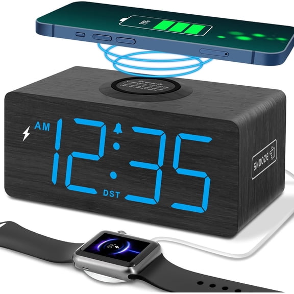 Wooden Digital Alarm Clock with Wireless Charging for Bedroom, Bedside Nightstand Clock with Charger Station, USB Port, Large Numbers, Adjustable Volume, Brightness Dimmer, DST