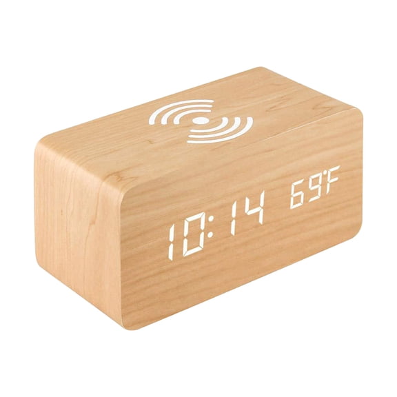 Wooden Digital Alarm Clock with Wireless Charging, LED Display Bedside Clock with Temperature Display and Sound Control, Modern Wooden Desk Clock for Bedroom Office Nightstand Home