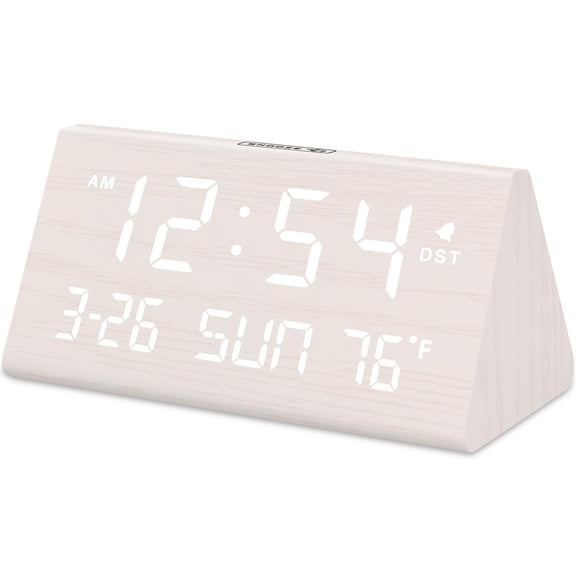 Wooden Digital Alarm Clock with Date Week USB Port Temperature Dimmer Adjustable Volume Auto DST for Bedroom Office Home Decor