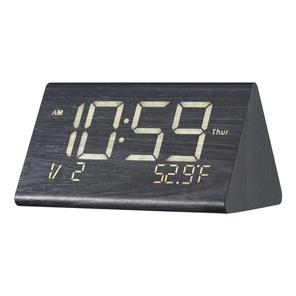 Wooden Digital Alarm Clock with Dual Alarm USB Charger Night Light Voice Control Adjustable Volume for Bedroom Kitchen Office Black