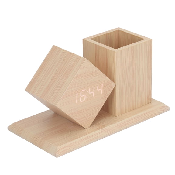 Wooden Digital Alarm Clock with Pen Holder - LED Display Desktop Organizer, Voice Control, USB/Battery Powered