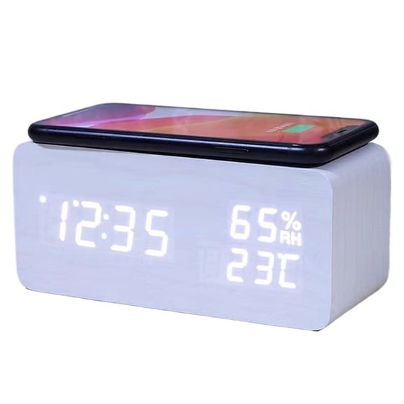 Wooden Digital Alarm Clock with Qi Wireless Charger, Large LED Display, Temp & Date for Bedroom Nightstand