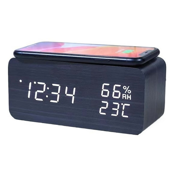 Wooden Digital Alarm Clock with Qi Wireless Charger, Large LED Display, Temp & Date for Bedroom Nightstand