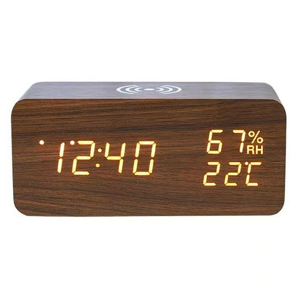 Wooden Digital Alarm Clock with Qi Wireless Charger, Large LED Display, Temp & Date for Bedroom Nightstand