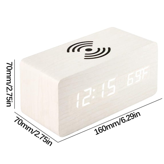 Wooden Digital Alarm Clock with Temperature Display 160x70x70Mm Alarm Clock with Wireless Charging and Usb Power