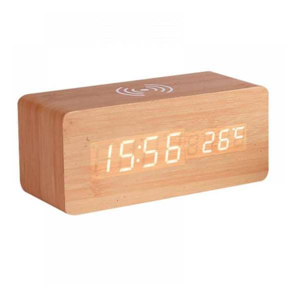 Wooden Digital Alarm Clock with Wireless Charging, 3 Alarms LED Display, Sound Control and Snooze Dual for Bedroom, Bedside, Office