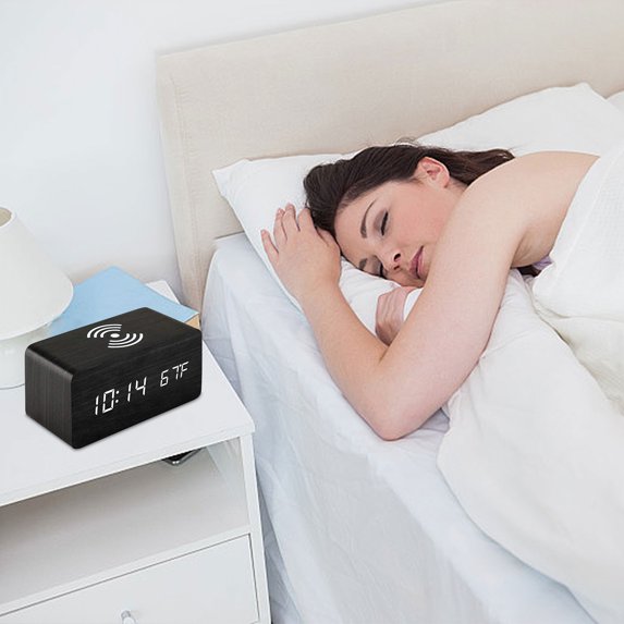Wooden Digital Alarm Clock with Wireless Charging, USB Charging Desk Clock, 12/24H Display, Temperature, Sound Control, Snooze