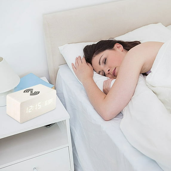 Wooden Digital Alarm Clock with Wireless Charging, USB Charging Desk Clock, 12/24H Display, Temperature, Sound Control, Snooze