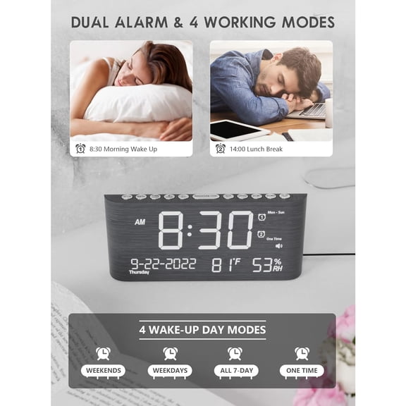 Wooden Digital Alarm Clocks for Bedrooms, Bedside Desk Clock with Day and Date, USB Charging Port, Temperature & Humidity Detect, Weekday/Weekend Mode, Dual Alarm, 2-100% Brightness Dimmer, 12/24H