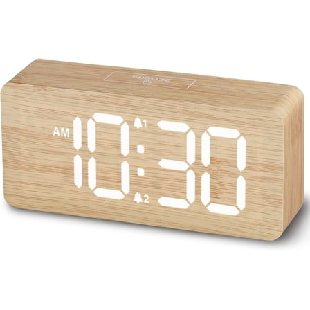 Wooden Digital Alarm Clocks for Bedrooms: Dimmable Dual Alarm Clock with Large Numbers for Bedside Desk - Loud Alarm for Heavy Sleepers with Volume Control