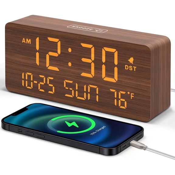 Wooden Digital Alarm Clocks for Bedrooms - Living Room Desk Clock with Date and Day of Week, Temperature, USB Port, Dimmer Wheel, Adjustable Volume, Auto DST, Wood Decor for Office Table
