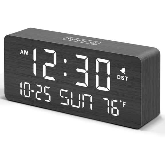 Wooden Digital Alarm Clocks for Bedrooms - Living Room Desk Clock with Date and Day of Week, Temperature, USB Port, Dimmer Wheel, Adjustable Volume, Auto DST, Wood Decor for Office Table