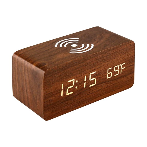 Wooden Digital Clock with Wireless Phone Charging, Sound-Activated Display, Temperature & 12/24 Hour Time for Bedside or Desk