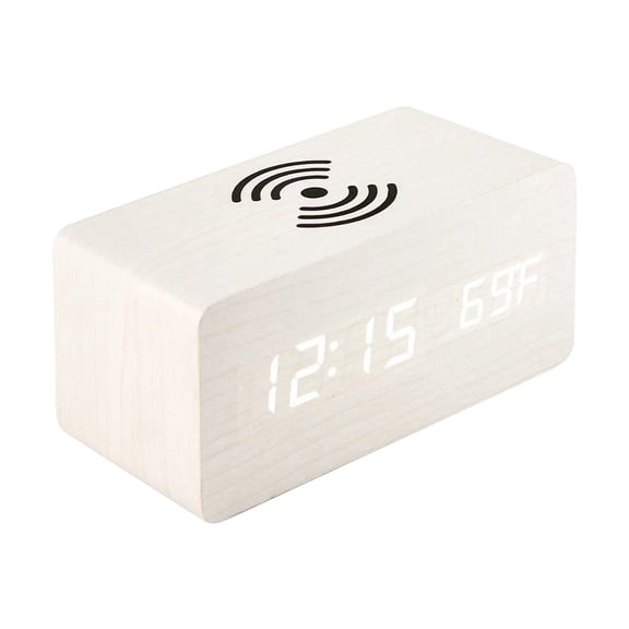 Wooden Digital Clock with Wireless Phone Charging, Sound-Activated Display, Temperature & 12/24 Hour Time for Bedside or Desk