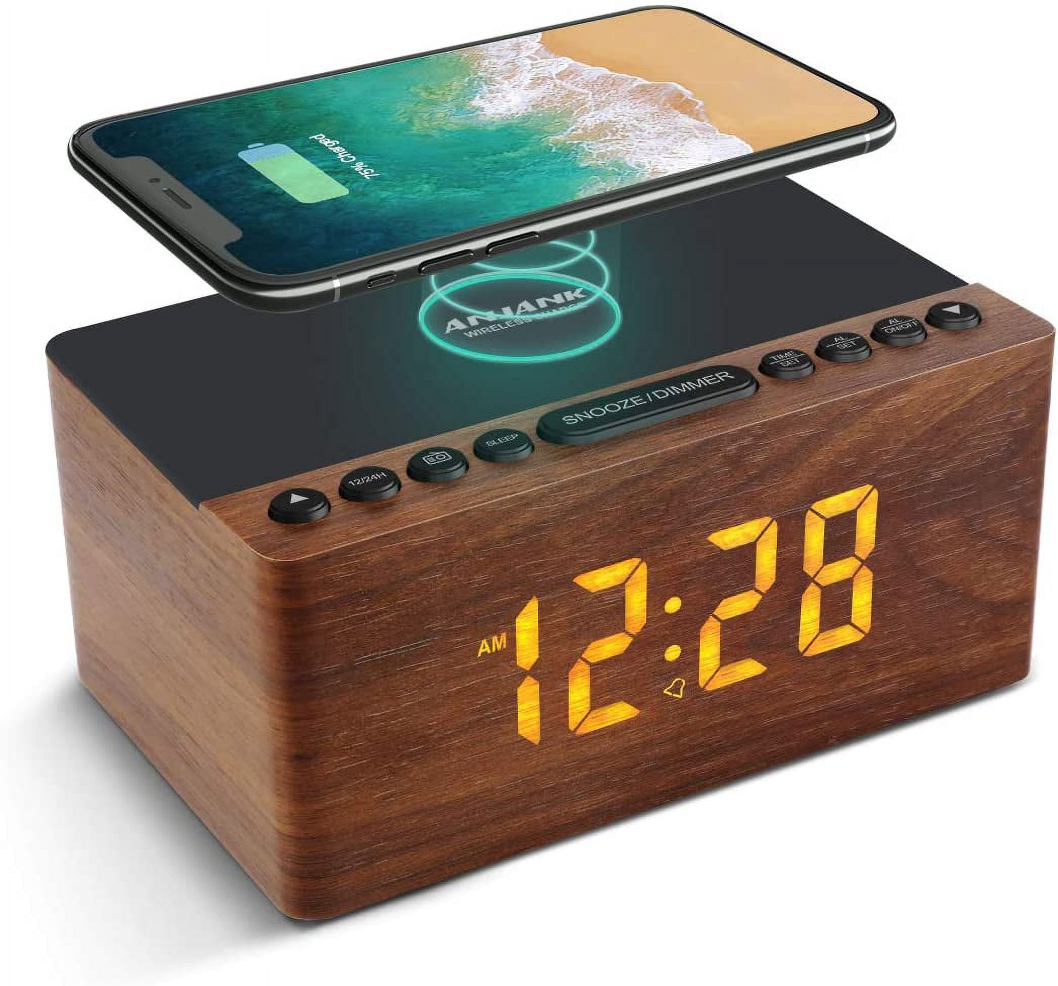 Wooden Digital LED Alarm Clock FM Radio, Fast Wireless Charger Station for iPhone/Samsung Galaxy, 5 Level Dimmer, USB Charging Port, 9 Sounds, Sleep Timer Bedroom, Bedside, Desk