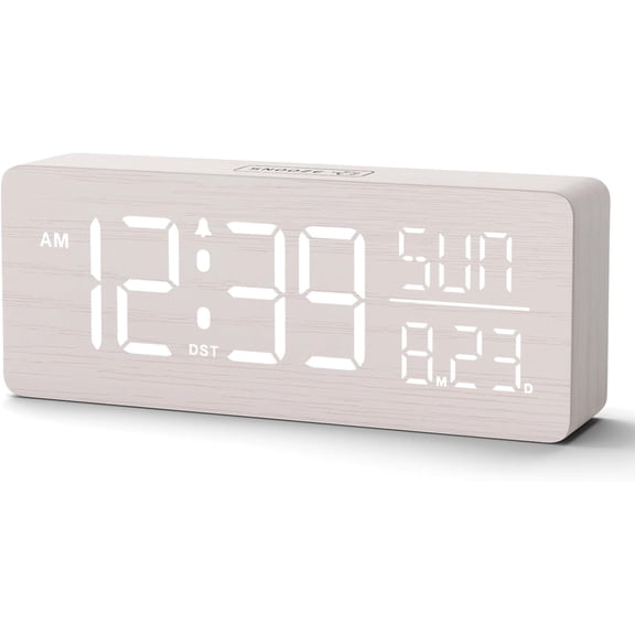 Wooden Digital Large Display, Textured Desk Table Decoration for Bedroom Living Room, Plug in Clock with Time Date Day, 5 Brightness, Auto DST