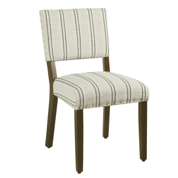 Wooden Dining Chair with Striped Pattern Fabric Cushioned Seat, Black and White, Set of Two