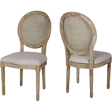 Wooden Dining Chair with Wicker and Fabric Seating (Set of 2), Beige and Natural