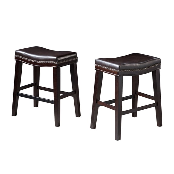 Wooden Dining Chairs, 26" Contemporary Upholstered Saddle Counter Stool with Nailhead Trim (Set of 2), Dark Brown, Dark Brown Dining Chairs,Pu Upholstered Dining Chairs