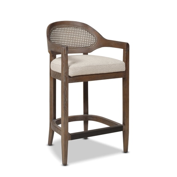 Wooden Dining Chairs, Americana Mid-Century Modern 26" Cane Back Counter Stool, Taupe Beige Textured Weave, Beige Dining Chairs,Wood+Fabric+Rattan Upholstered Dining Chairs