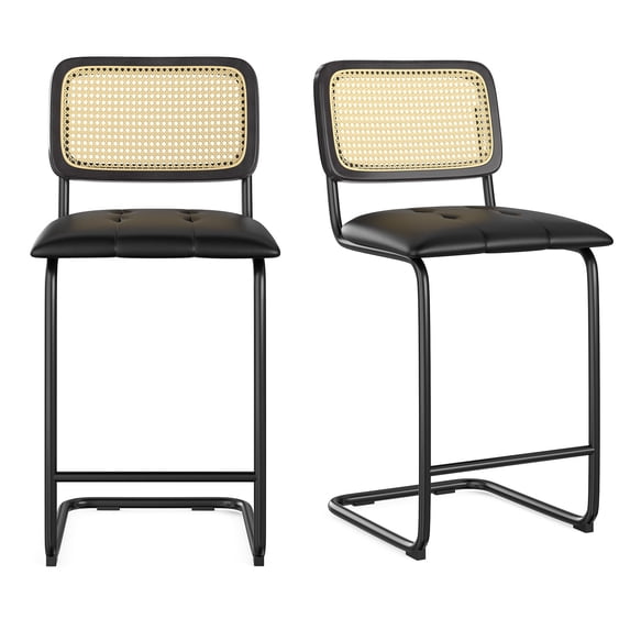 Wooden Dining Chairs, Counter Height Bar Stools Set of 2, Upholstered PU Leather Barstools with Rattan Back, 26 inch Stools Armless Bar Chairs for Kitchen Island, Black, Black Dining Chairs