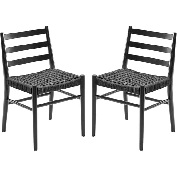 Wooden Dining Chairs, Dining Chairs Set of 2, Woven Rope Seat with Sturdy Metal Frame, Mid Century Modern Dining Room Chairs for Kitchen, Living Room, Restaurant, Black Dining Chairs