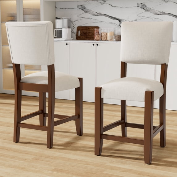 Wooden Dining Chairs, Mid Century Modern Bar Stools Set of 2, 40.4" Counter Stools with Back, Linen Upholstered Barstools with Solid Wood Legs Bar Chairs for Kitchen Island Dining Room, Beige