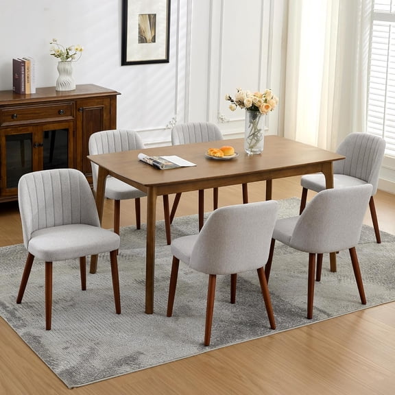 Wooden Dining Chairs Set of 6, Upholstered Kitchen Dining Room Chairs with Padded Seat and Wood Legs, Modern Fabric Side Dinner Chair for Kitchen, Dining Room, Restaurant, Cafe, Grey