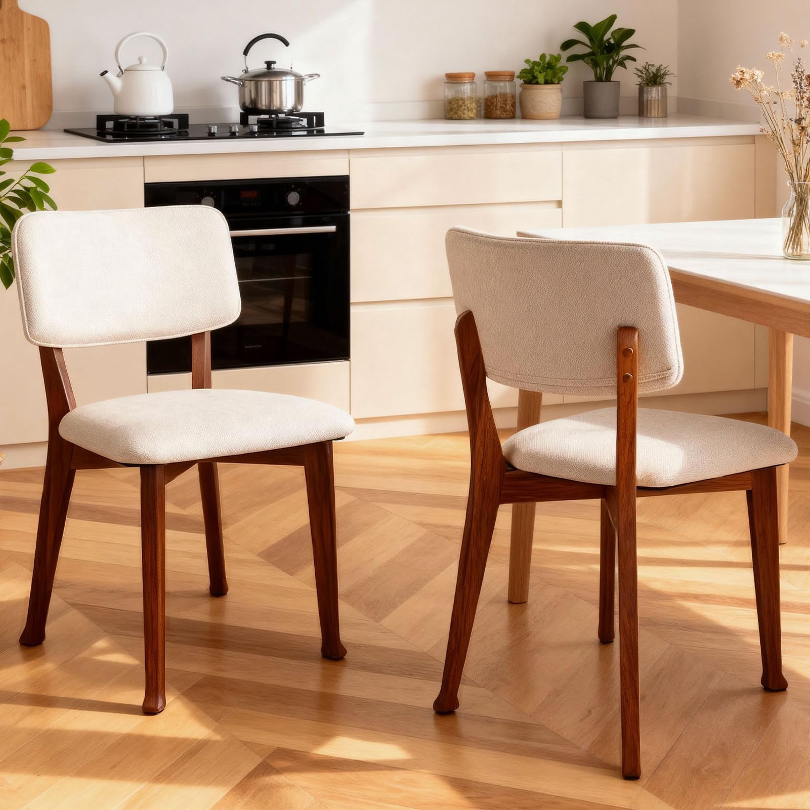 Wooden Dining Chairs Set of 2, Fabric Upholstered Kitchen Chairs with Curved Backrest, 300LBS Capacity