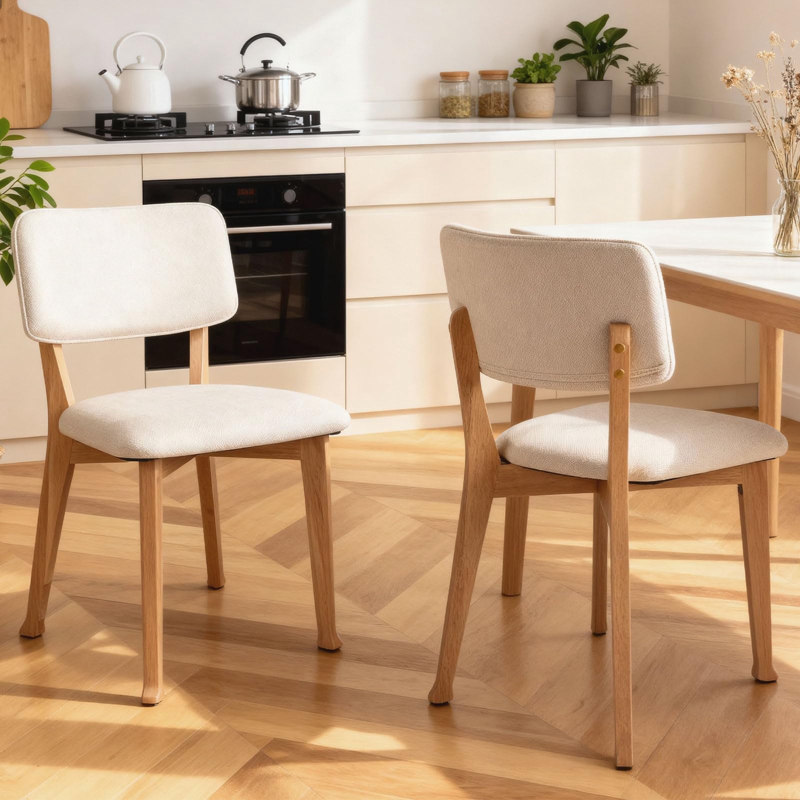 Wooden Dining Chairs Set of 2, Fabric Upholstered Kitchen Chairs with Curved Backrest, 300LBS Capacity