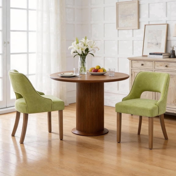 FANCROU Wooden Dining Chairs Set of 2, Modern Upholstered Fabric Side Chairs with Cutout Backrest and Wood Legs, Kitchen Dining Room, Light Green