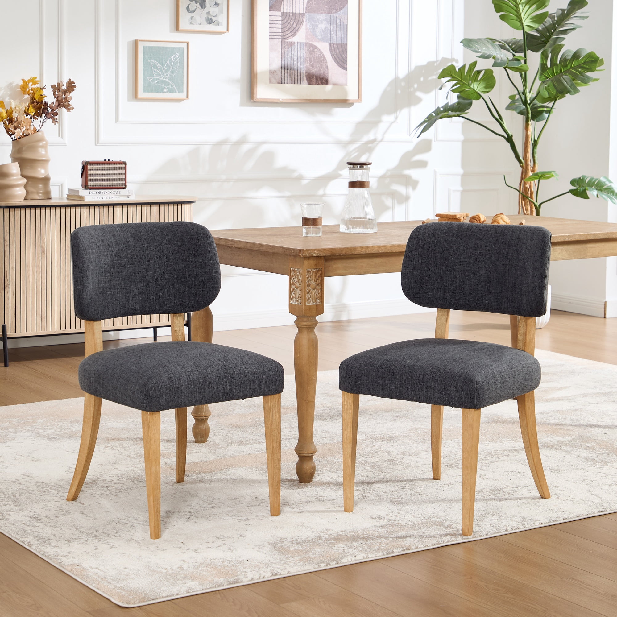 Wooden Dining Chairs Set of 2 with Fabric Upholstered Seat, Modern Farmhouse Dinner Chair for Kitchen and Dining Room, Dark Grey