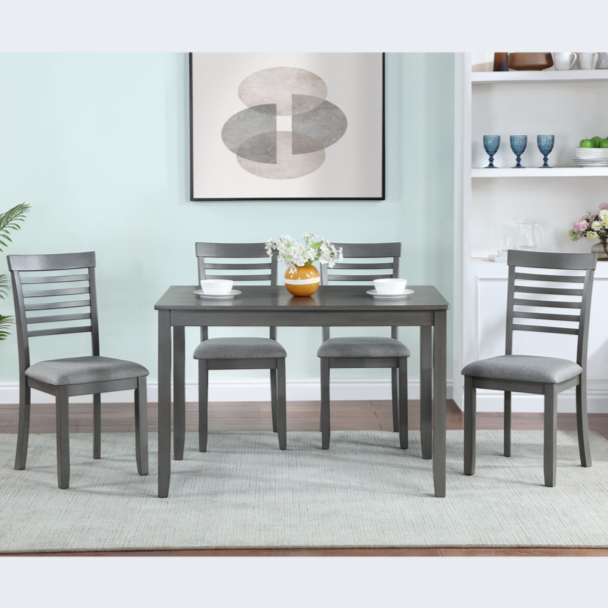 Gray Solid Wood Dining Table Set with Upholstered Chairs for Small Spaces
