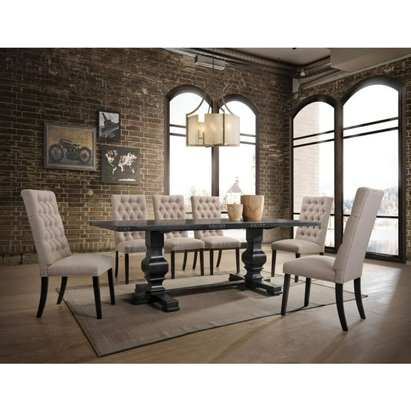 ACME Morland Linen Fabric Tufted Parson Dining Side Chair in Tan and Black