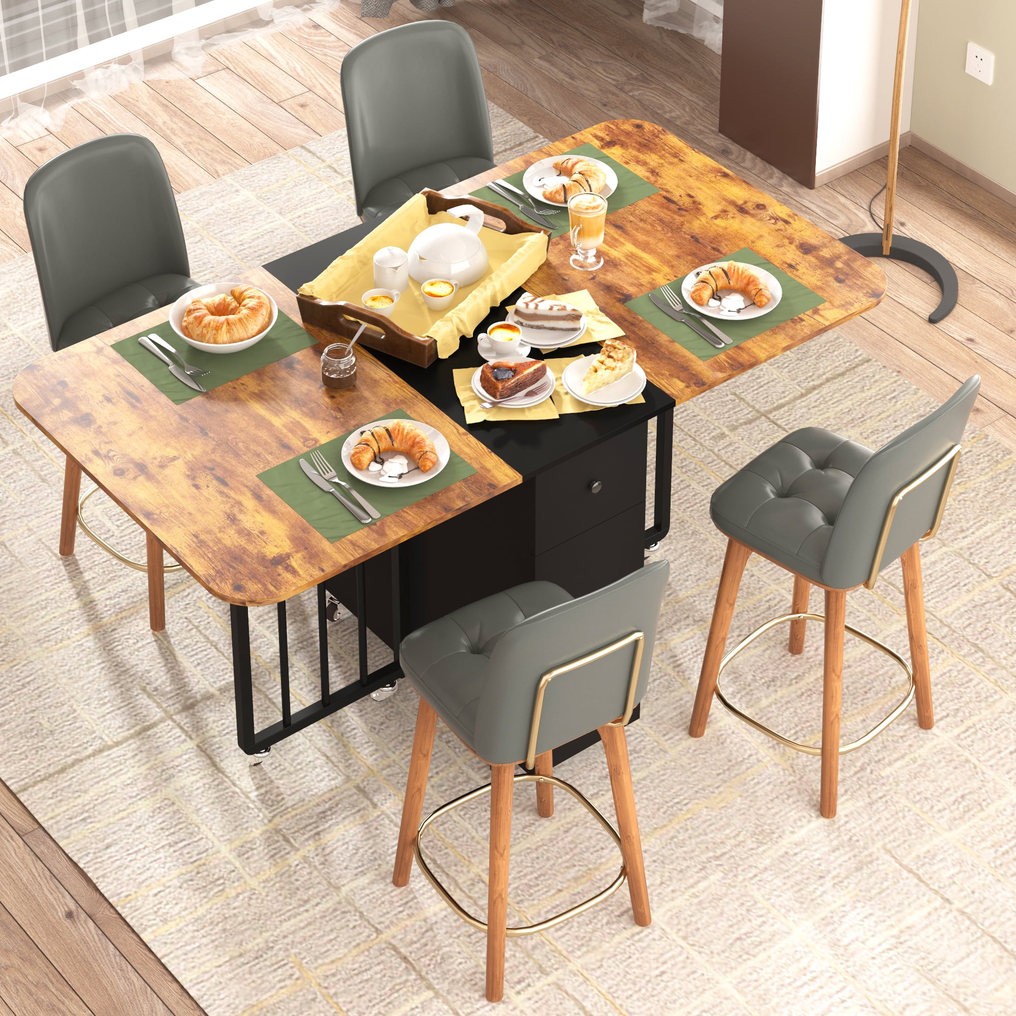 Wooden Dining Table, Foldable Kitchen Dining Table with Organizer